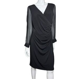 Glamour Sheer‎ Open Long Sleeve V-Neck Drapes Runched Black Midi Dress